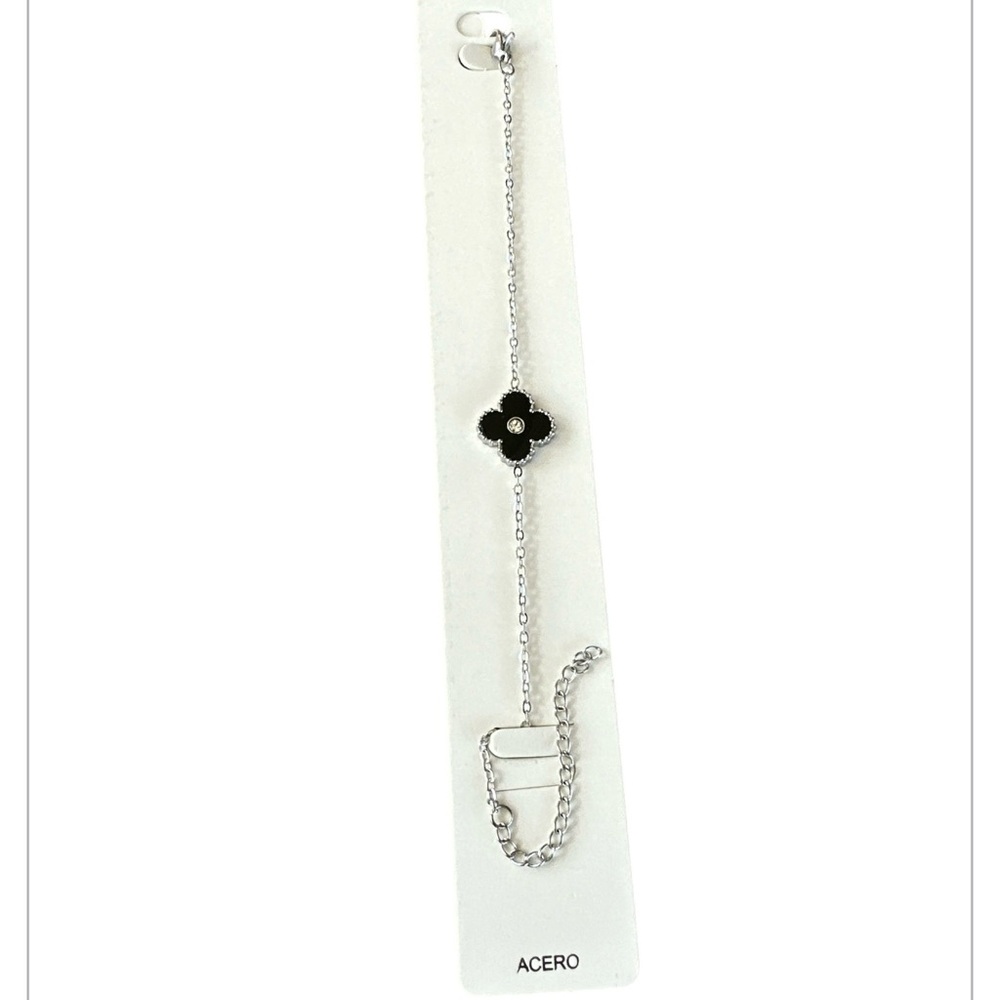 NWT! Stainless Steel Silver & Black Flower Bracelet